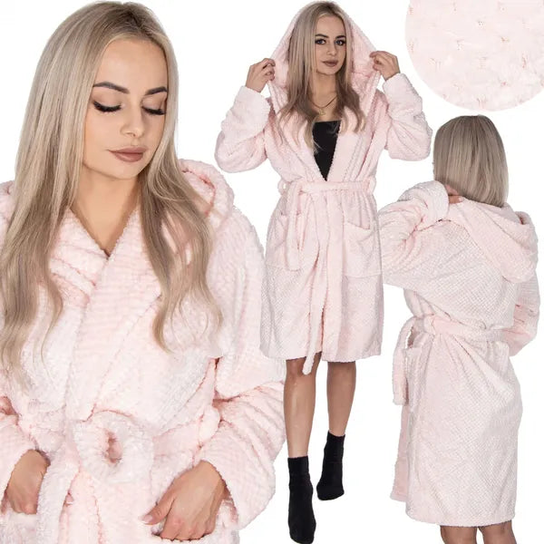 Női plüss köntös rózsaszín, kapucnis, L/XL, poliészter
