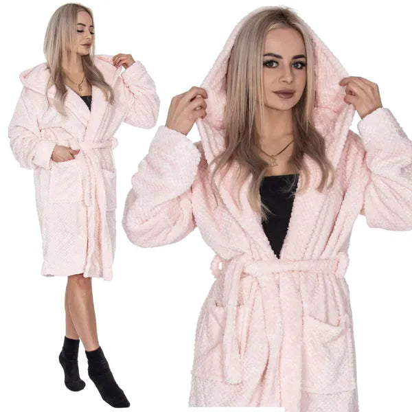 Női plüss köntös rózsaszín, kapucnis, L/XL, poliészter