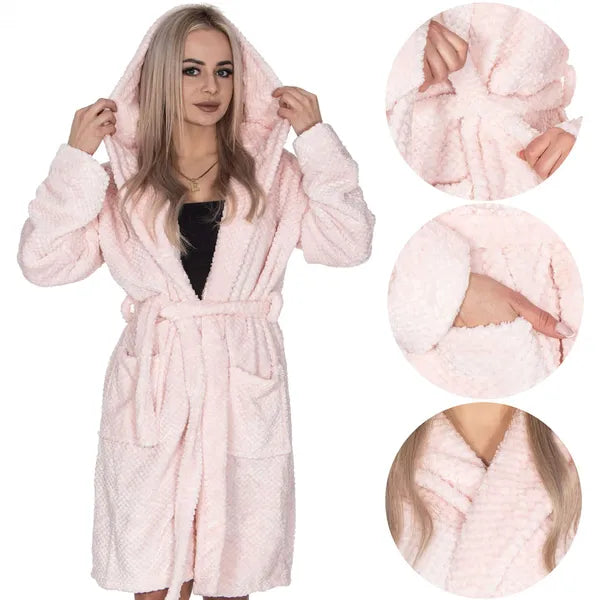 Női plüss köntös rózsaszín, kapucnis, L/XL, poliészter