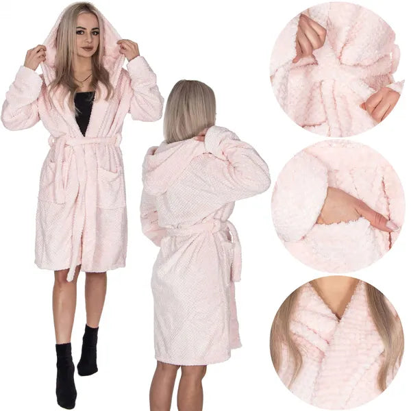 Női plüss köntös rózsaszín, kapucnis, L/XL, poliészter