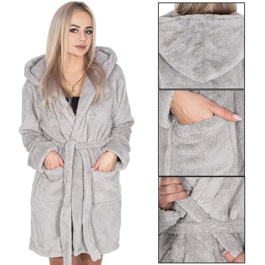 Női kapucnis plüss köntös, szürke, S/M, poliészter 260 g/m²