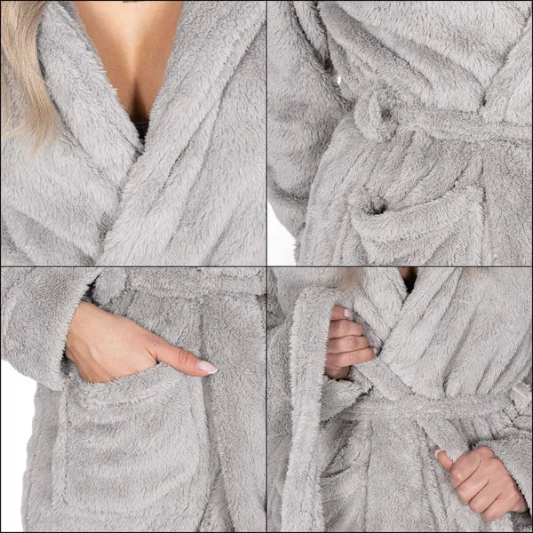 Női kapucnis plüss köntös, szürke, S/M, poliészter 260 g/m²
