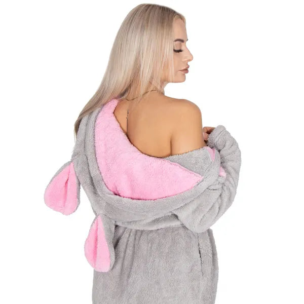 Női plüss köntös kapucnival és fülekkel, L/XL, szürke-rózsaszín