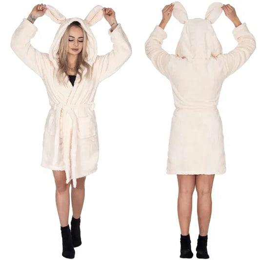Bézs női plüss köntös kapucnival, fülekkel, zsebekkel, L/XL