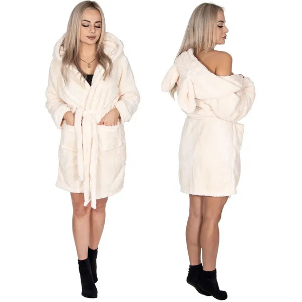 Bézs női plüss köntös kapucnival, fülekkel, zsebekkel, L/XL