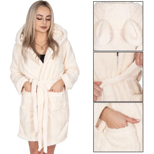 Bézs női plüss köntös kapucnival, fülekkel, zsebekkel, L/XL