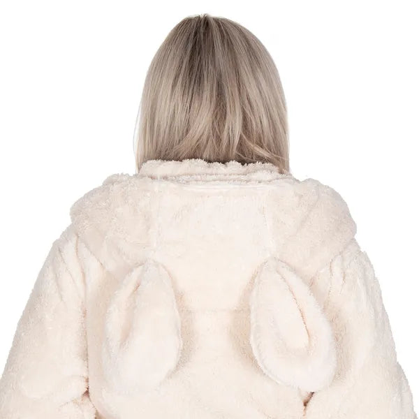 Bézs női plüss köntös kapucnival, fülekkel, zsebekkel, L/XL