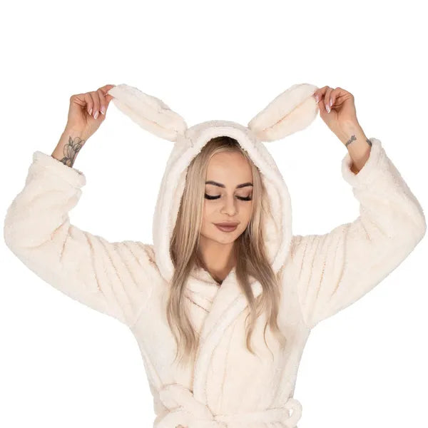 Bézs női plüss köntös kapucnival, fülekkel, zsebekkel, L/XL