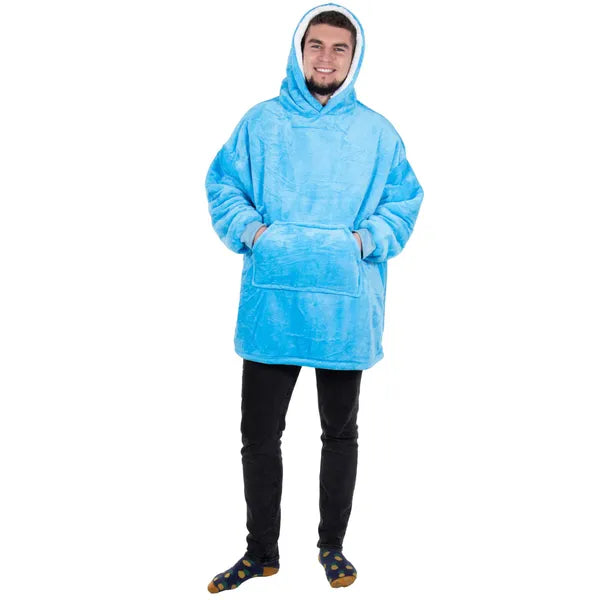 Oversize sherpa kapucnis takaró pulóver, tengerkék poliészter