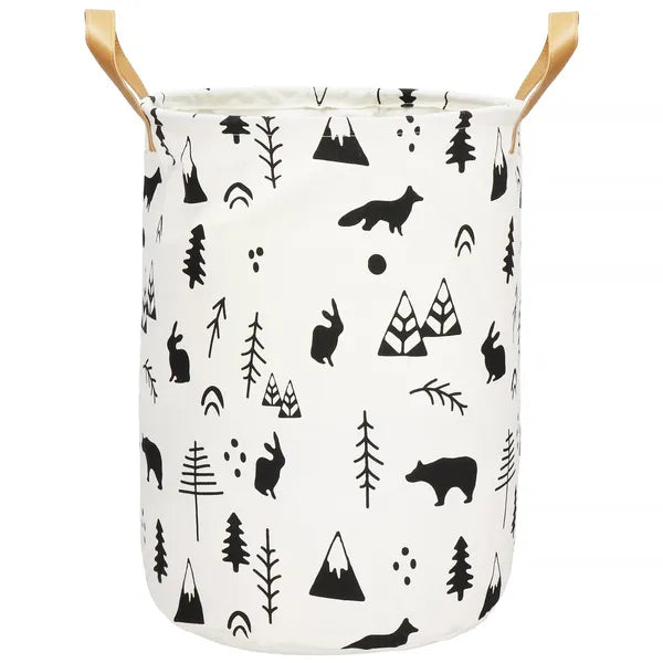 Krém-fekete len-pamut tároló kosár, 45×35 cm, 43 l, barna fogantyú