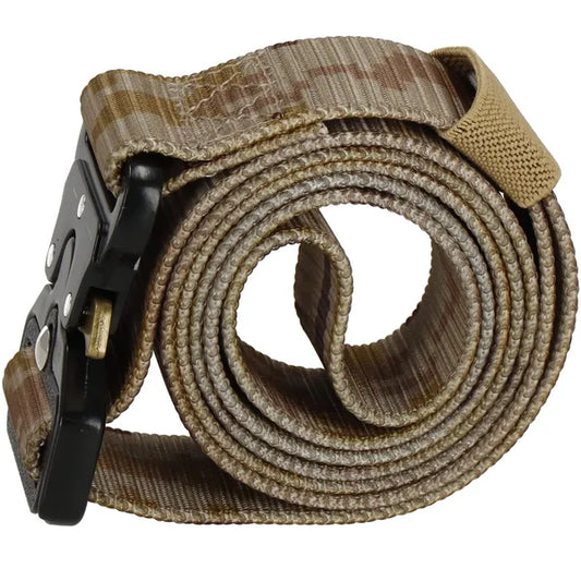 Barna terepmintás taktikai öv gyorskioldó fém csattal, 125×3,7 cm