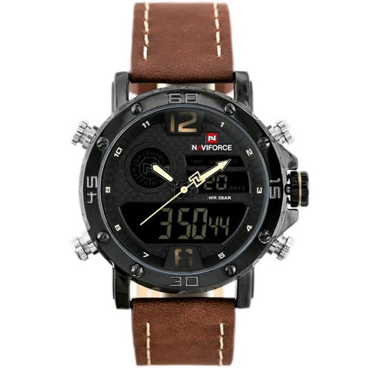NAVIFORCE férfi karóra, quartz analóg-digitális, barna bőrszíj, fekete tok