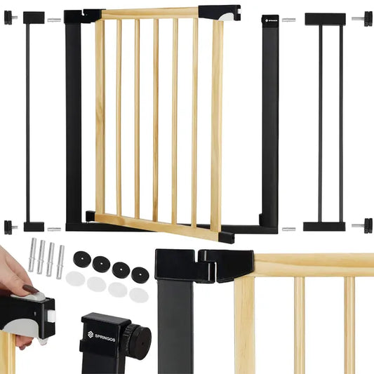 Springos gyerek biztonsági ajtórács, fa/fém, barna-fekete, 96–103 cm