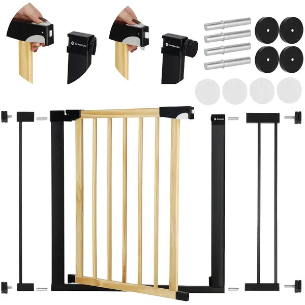 Springos gyerek biztonsági ajtórács, fa/fém, barna-fekete, 96–103 cm