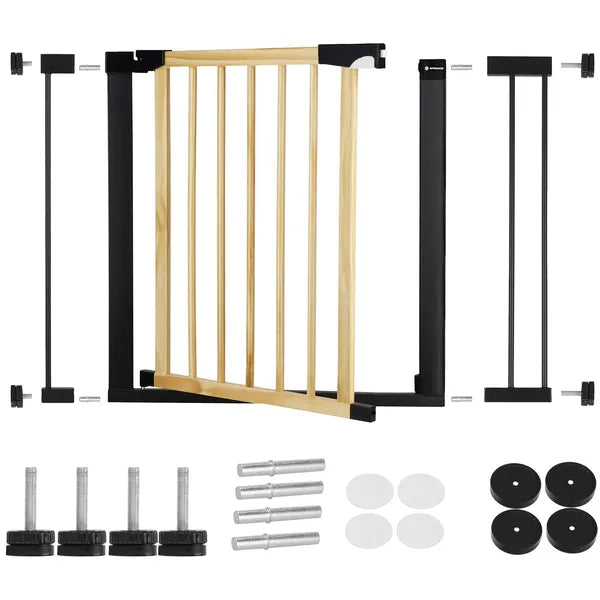 Springos gyerek biztonsági ajtórács, fa/fém, barna-fekete, 96–103 cm
