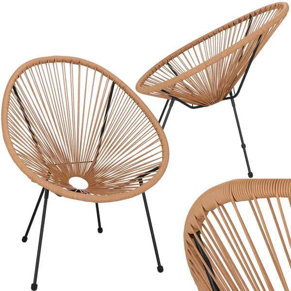 PE rattan kerti szék csavarozható fém lábakkal, fekete-bézs, 70x73x87 cm