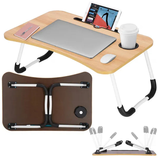 Összecsukható MDF laptop asztal 60×40 cm, világosbarna/fehér, pohártartó