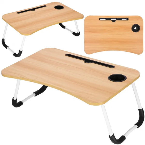 Összecsukható MDF laptop asztal 60×40 cm, világosbarna/fehér, pohártartó