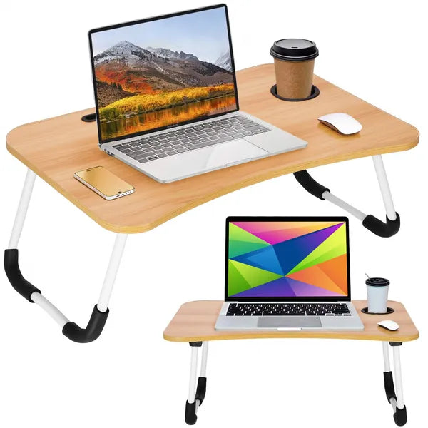 Összecsukható MDF laptop asztal 60×40 cm, világosbarna/fehér, pohártartó