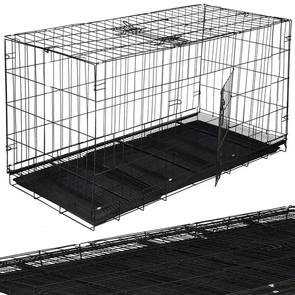 Fekete összecsukható fém kutya-/kisállat ketrec 130×60×70 cm, 2 ajtó, 3 tálca