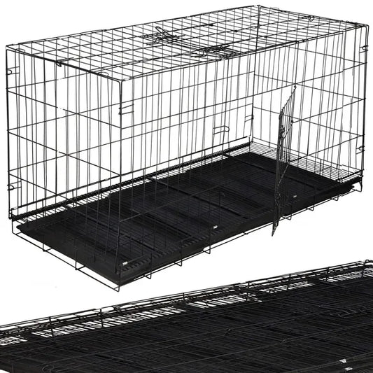 Fekete összecsukható fém kutya-/kisállat ketrec 130×60×70 cm, 2 ajtó, 3 tálca