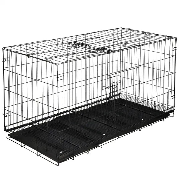 Fekete összecsukható fém kutya-/kisállat ketrec 130×60×70 cm, 2 ajtó, 3 tálca