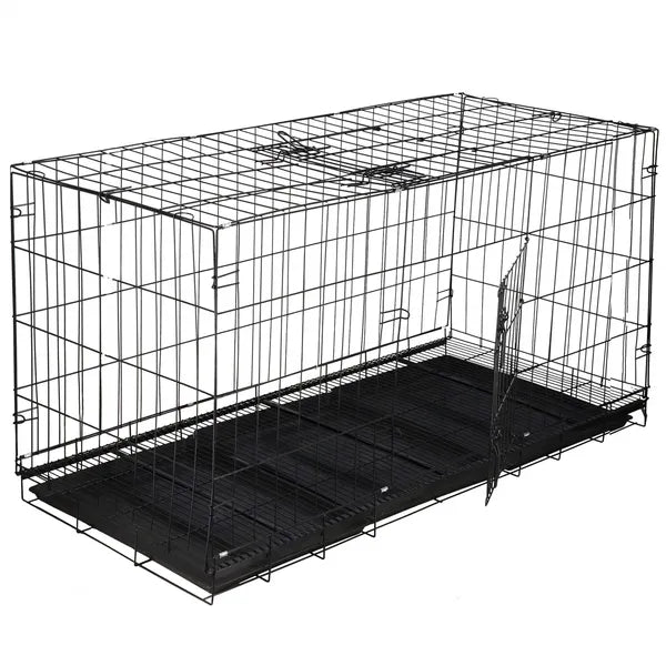 Fekete összecsukható fém kutya-/kisállat ketrec 130×60×70 cm, 2 ajtó, 3 tálca