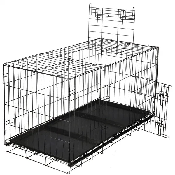 Fekete összecsukható fém kutya-/kisállat ketrec 130×60×70 cm, 2 ajtó, 3 tálca