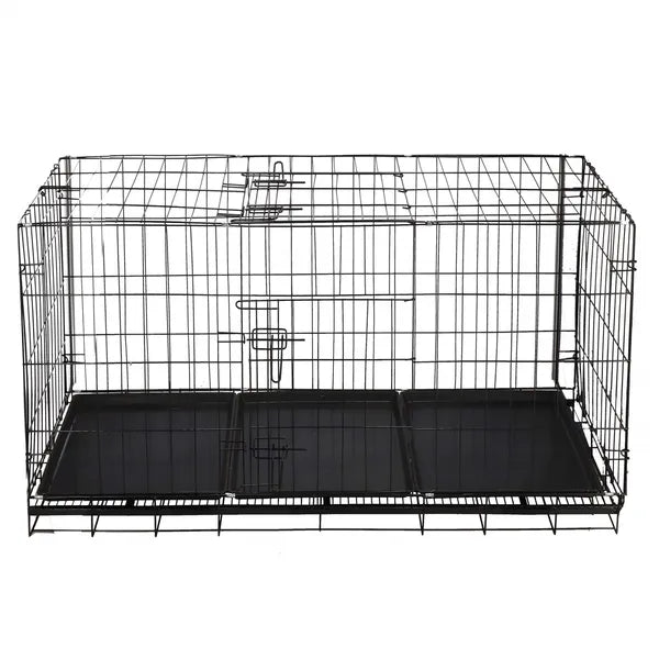 Fekete összecsukható fém kutya-/kisállat ketrec 130×60×70 cm, 2 ajtó, 3 tálca