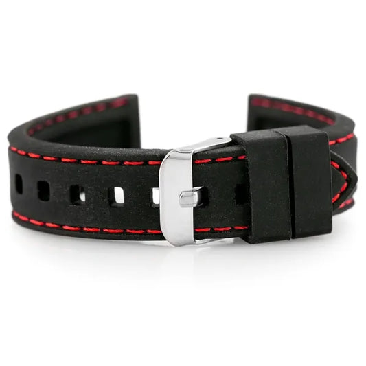 Fekete-piros gumiszíj 18 mm, ezüst csattal