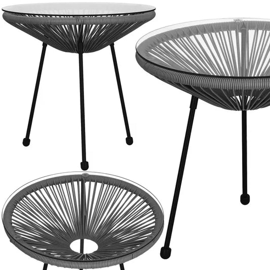 Fekete rattan kerti dohányzóasztal edzett üveglappal, Ø50×49 cm