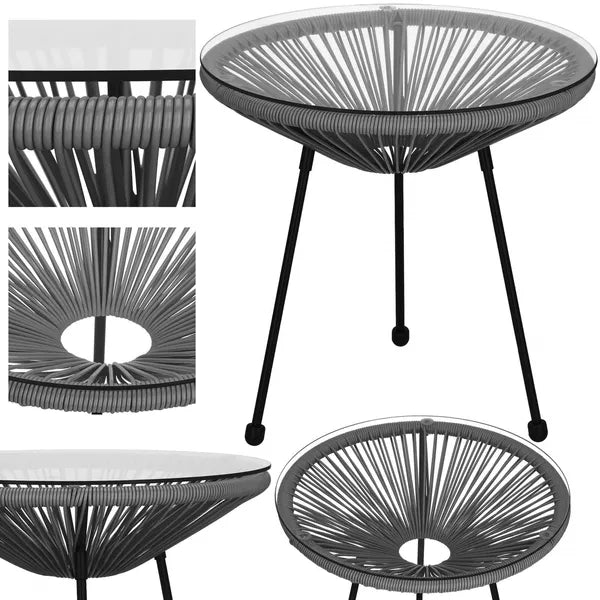 Fekete rattan kerti dohányzóasztal edzett üveglappal, Ø50×49 cm