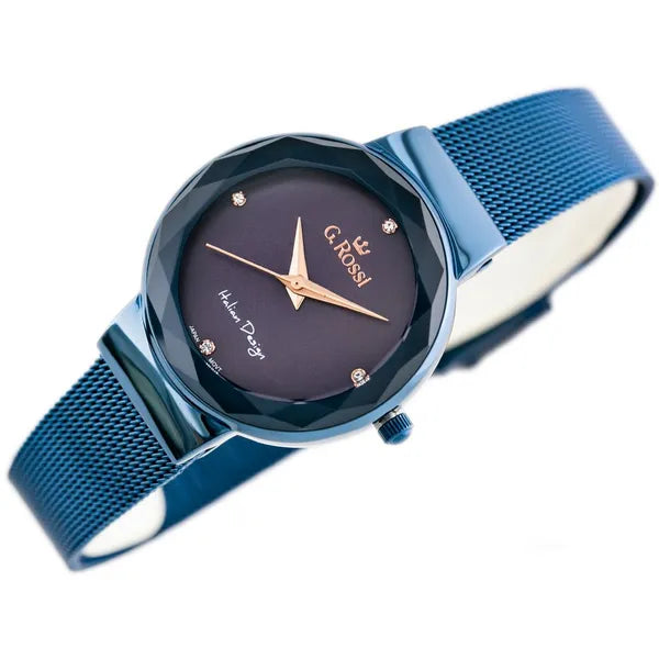 G. Rossi női kvarc karóra kék fémszíjjal, lila számlappal, 32 mm