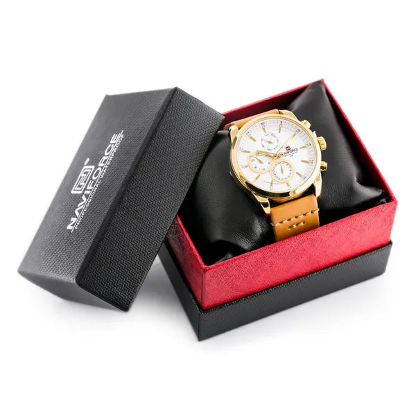 Naviforce NF9148 férfi quartz karóra, arany tok, bőrszíj, 45 mm