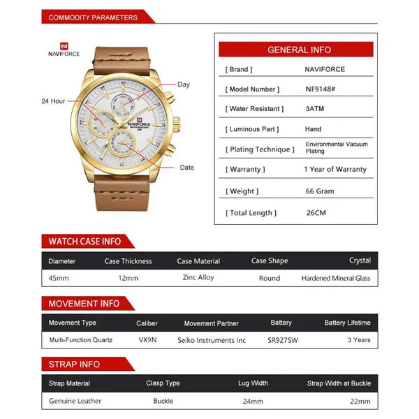 Naviforce NF9148 férfi quartz karóra, arany tok, bőrszíj, 45 mm