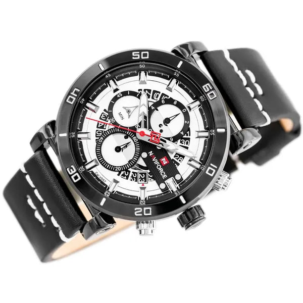 Naviforce NF9131 férfi kvarc kronográf karóra, fekete bőr szíj