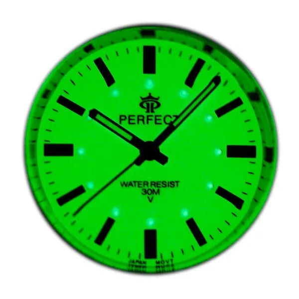 Perfect P186 férfi karóra, kvarc, zöld számlap, ezüst fém szíj, 43 mm tok