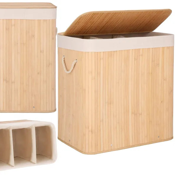 3 rekeszes bambusz szennyestartó, 150 l, világosbarna/ecru