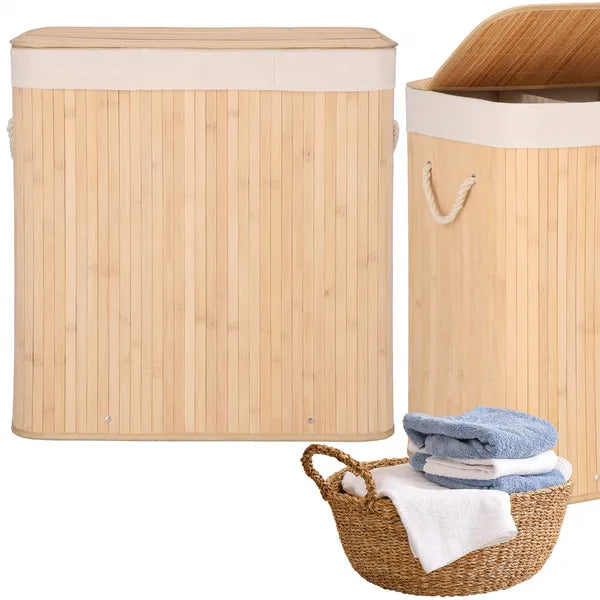 3 rekeszes bambusz szennyestartó, 150 l, világosbarna/ecru