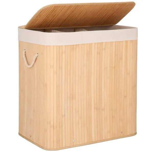 3 rekeszes bambusz szennyestartó, 150 l, világosbarna/ecru