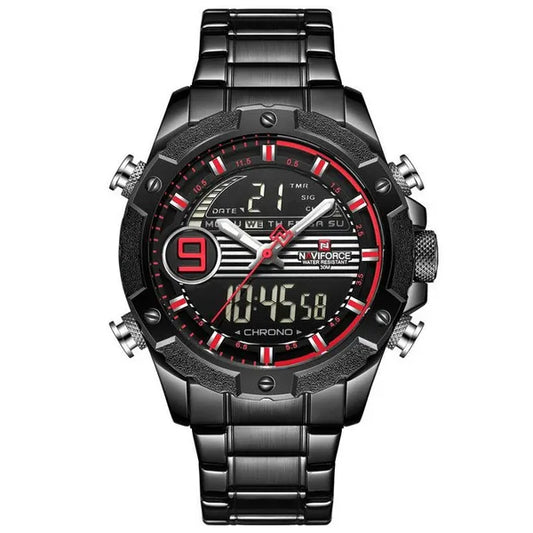 Naviforce NF9146S férfi kvarc karóra fekete/piros fém szíjjal ajándékdobozban