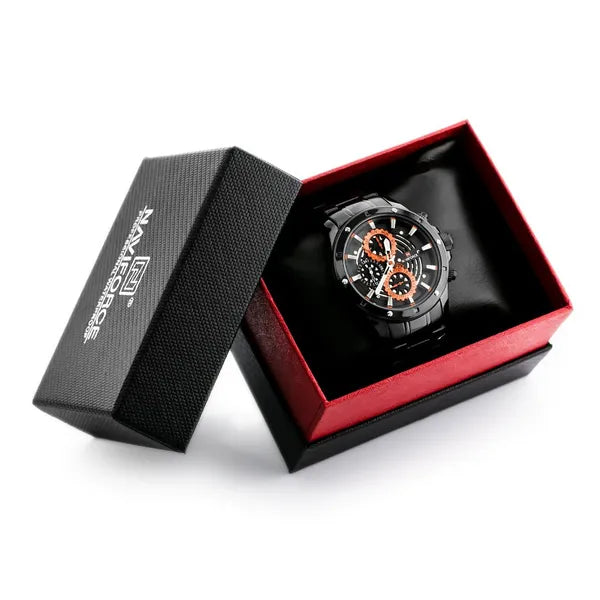 Naviforce NF9149 férfi kvarc karóra, fekete-narancs, nemesacél szíj, díszdoboz
