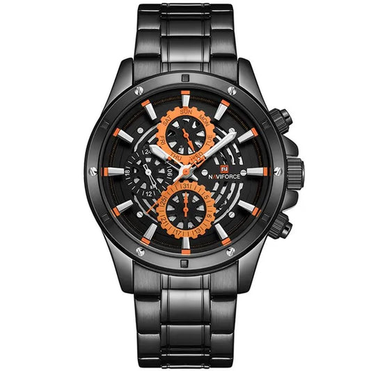 Naviforce NF9149 férfi kvarc karóra, fekete-narancs, nemesacél szíj, díszdoboz
