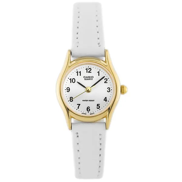 Casio LTP-1094Q-7B1 lány karóra – arany tok, fehér bőrszíj, WR30