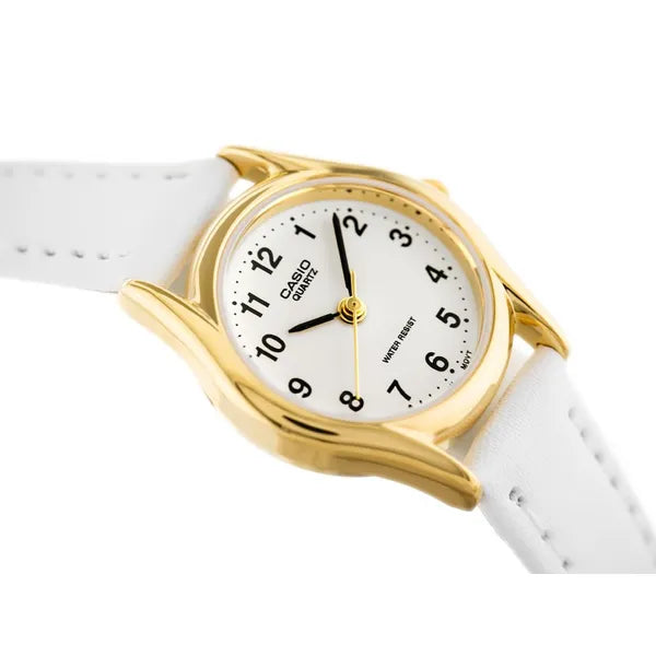 Casio LTP-1094Q-7B1 lány karóra – arany tok, fehér bőrszíj, WR30