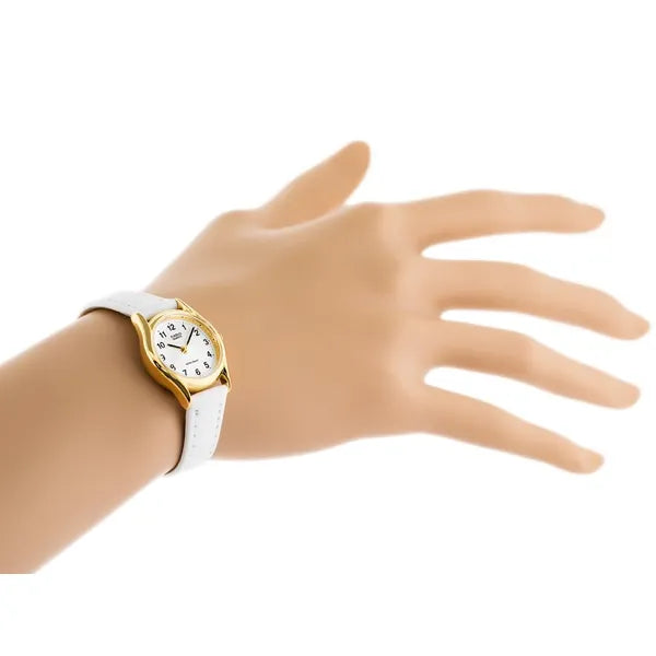 Casio LTP-1094Q-7B1 lány karóra – arany tok, fehér bőrszíj, WR30