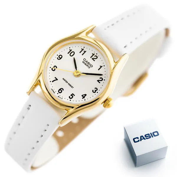 Casio LTP-1094Q-7B1 lány karóra – arany tok, fehér bőrszíj, WR30