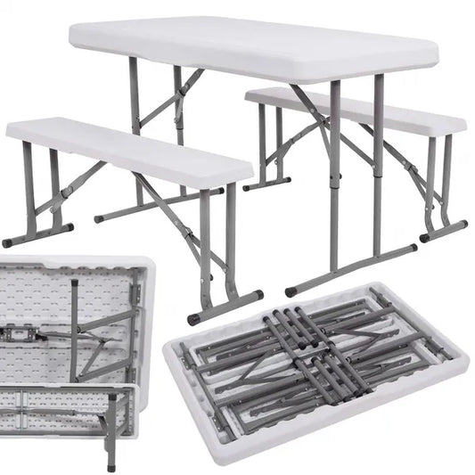 Összecsukható catering asztal + 2 pad, HDPE/metal, 105×64×70 cm, 150 kg
