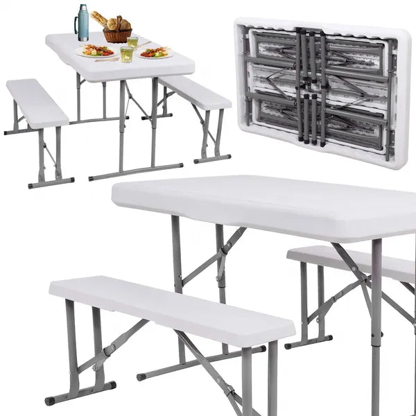 Összecsukható catering asztal + 2 pad, HDPE/metal, 105×64×70 cm, 150 kg