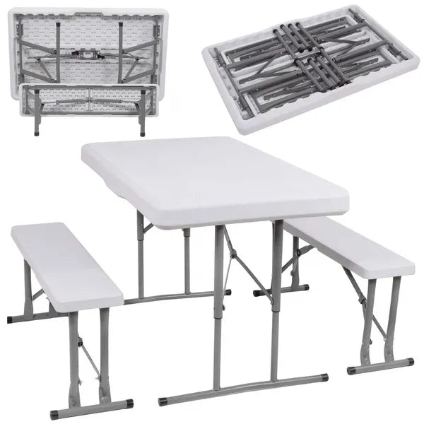 Összecsukható catering asztal + 2 pad, HDPE/metal, 105×64×70 cm, 150 kg
